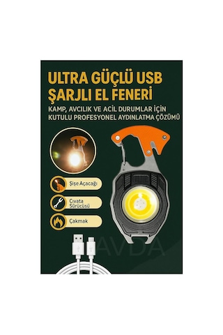 Yeni Nesil Kamp Feneri Çok Fonksiyonlu Fener Anahtarlık Usb Çakmaklı Cam Kırıcı Kemer Kesici Açacak Turuncu - Siyah