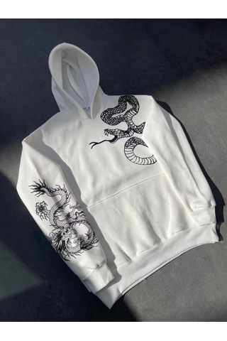 Modi Uzun Kol Kapşonlu Baskılı Sweatshirt - Beyaz 2beyaz