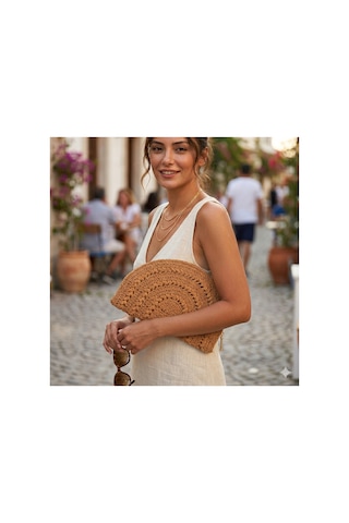 Lento Design El Örgüsü Pamuk Makrome Clutch Çanta Bohem Yarım Ay Tasarım, El Yapımı Şık Portföy Bej