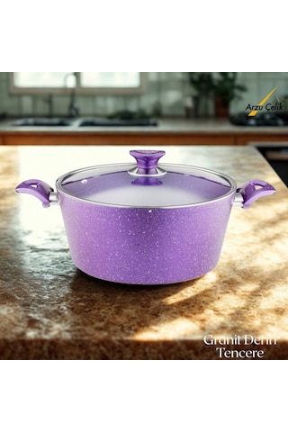 28 Cm Granit Derin Tencere Cam Kapak - Violet Violet