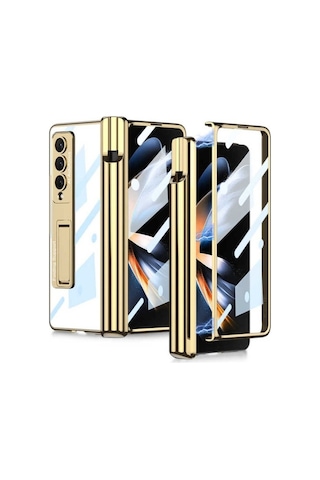Samsung Uyumlu Galaxy Z Fold 4 Kılıf Zore Kıpta Standlı Kalem Bölmeli Kapak Gold