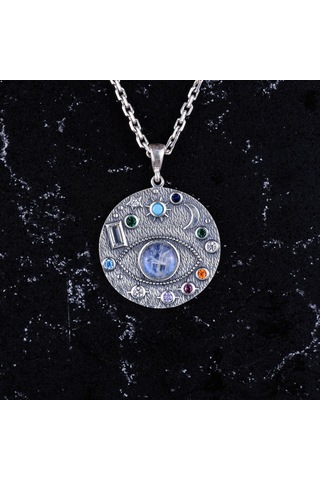 Gerçek Doğal Aytaşı Taşlı Kolye, Güneş Kolyesi, Sterlin Gümüş Takı Gümüş