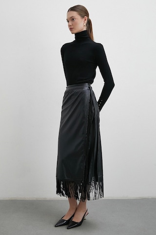 Bağlamalı Püsküllü Deri Etek Siyah Siyah