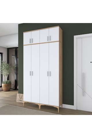 Rani Ea161 Modern Portmanto 8 Kapaklı 8 Raflı 4 Askılı Ayakkabılık Vestiyer Sepet Ceviz - Beyaz