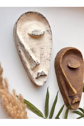 Özel Tasarım El Yapımı Heykel Soyut Yarım Yüz Maske 2'li Set, Duvar Dekor, Modern Ev Ve Ofis Dekoru