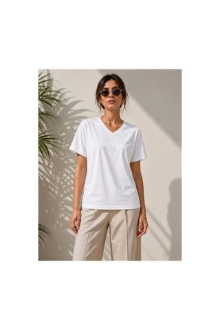 Butik İstanbul V Yaka Basic Tişört Kısa Kol Yazlık Regular Fit T-shirt - Beyaz