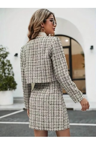 Kadın Yakalı Düğmeli Uzun Kollu Ceket Ve Etek Krep İkili Takım Beyaz