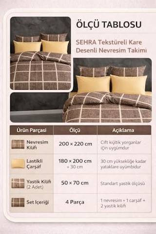 Lüks%80 Pamuklu Çift Kişilik Nevresim Takımı Seti Yorgan Kılıfı Love Kalp Desen 200x220 Cm + Lastikli Battal Boy Çarşaf 180x200x30 Cm +2 Yastık Kılıflı 50x70 Cm Kahverengi, Kareli Diğer