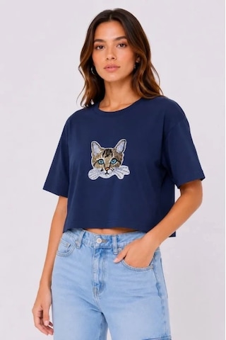 Defymoda Kedi Baskılı Oversize Crop Tişört Salaş Basic Yarım Kol T-shirt - Lacivert
