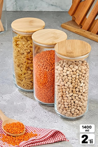 Tilbe Home 2 Adet Vakumlu Bambu Kapaklı Cam Kavanoz 1400ml Baharatlık Bakliyat Gıda Saklama Kabı Org ŞEffaf