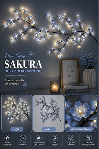 Kiraz Çiçeği Sakura Led Duvar Dekoru 144 Led Ağaç Dalı Işık, 8 Mod, Kumandalı Mavi