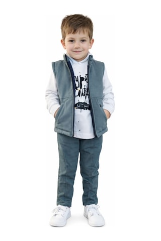 İrem Çocuk Giyim Erkek Çocuk Yelekli Baskılı Sweatshirt Gabardin Pantolon Turkuaz Renk Üçlü Takım Turkuaz