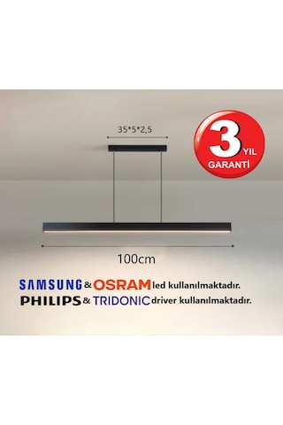 Linear Magro 100cm Siyah Kasa Sarkıt Modern Led Avize, Salon, Mutfak, Ofis, Mağaza, Masa Üstü Led Beyaz