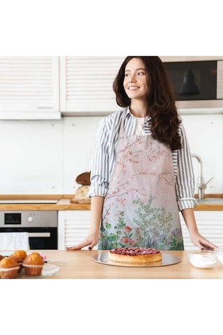 Renkli Çiçek Detaylı Mutfak Önlüğü Keten Kumaş, Uluslararası Yıkama Ve Solmama Sertifikası Çok Renkli