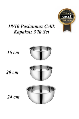 304 Paslanmaz Çelik 3 Lü Çırpma & Karıştırma Kasesi Seti 18/10, Derin, Kapaksız Gümüş