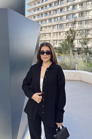 Kadın Siyah Salaş Uzun Gömlek & Beli Lastikli Pantolon - Alt & Üst Müslin Kumaş Takım Siyah