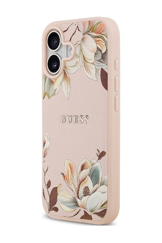 Apple Uyumlu iPhone 17 Kılıf Guess Lisanslı M-safeli Taneli Çiçek Tasarımlı Metal Yazı Logolu Kapak Pembe Pembe