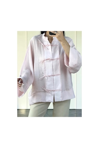 Fleurs Chic Yeni Model Geniş Kesim Kimono Gömlek Pudra