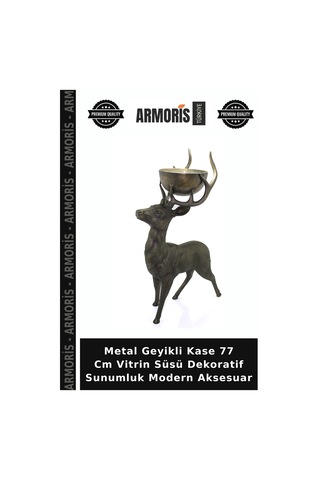 Metal Geyikli Kase 77 Cm Vitrin Süsü Dekoratif Sunumluk Modern Aksesuar