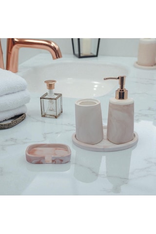 4 Lü Taş Banyo Seti Beyaz - Kahverengi Mermer Desenli 4'lü Sabunluk Seti 18 Cm Beyaz