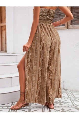 Kadın Yakası Gipe Detaylı Önden Yırtmaç Detaylı Desenli Süprem Pantolon Etek Kahve