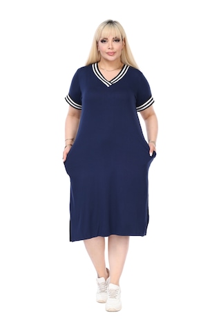Melsay Butik Lacivert Yakası Şeritli V Yaka Midi Elbise Lacivert