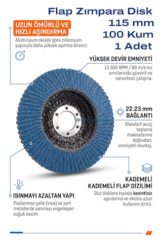 115 Mm Flap Zımpara 100 Kum Disk Taşlama Zımparası 1 Adet Zirkon