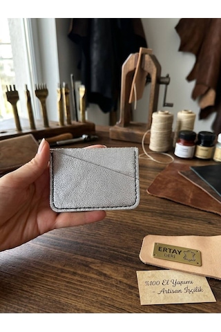 Ertay Deri % 100 Hakiki Deri El Yapımı Gri Çok Bölmeli Cüzdan & Kartlık Açık Gri