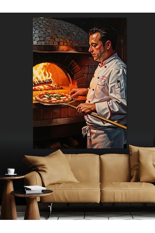 Taş Fırında Pizza Pişiren Usta Dekoratif Kanvas - Mdf Ahşap Tablo
