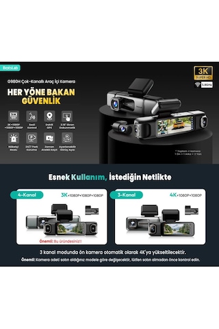 360+ Botslab G980h Pro 3k 4 Kameralı Wifi+gps Akıllı Araç İçi Kamera +150 Geniş Açı+yaya Algılama+gece Görüşlü 128gb Hafıza Kartı