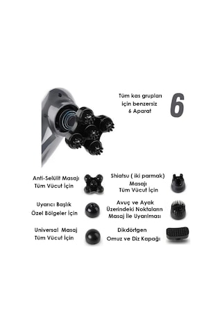 Afm Tech 2024-b 6 Başlıklı Boyun Bel Sırt Karın Bacak Vücut Masaj Aleti Gri - Siyah