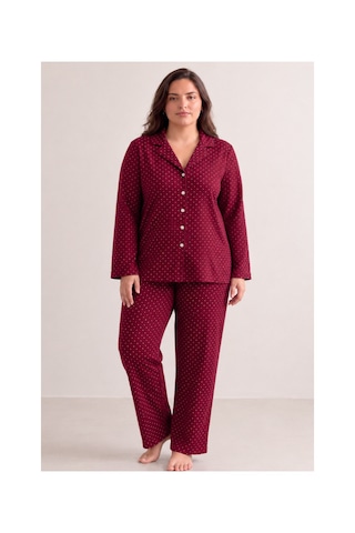 Fit Women Kadın Rahat Puantiyeli Düğmeli Kırmızı Pijama Takımı 824 Fit Women Kadın Rahat Puantiyeli Düğmeli Kırmızı Pijama Takımı 824