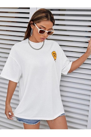 Kadın Beyaz Oversize No More Rules Baskılı Örme T-shirt Beyaz