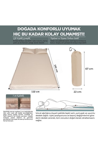 Çift Kişilik Kendiliğinden Şişen Kamp Yatağı Entegre Yastıklı, Pompa Hediyeli Taşınabilir Bej