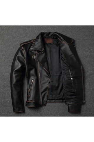 Nyc Giyim Tekstil & Deri Eskitme Biker Mont Hakiki Deri Siyah - Kahverengi