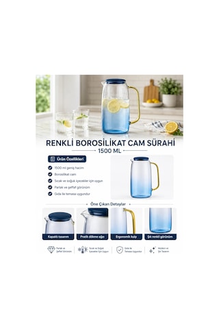 Cambu Renkli Borosilikat Cam Sürahi 1500 Ml Kapaklı, Kulplu Su Ve Soğuk İçecek Karafı