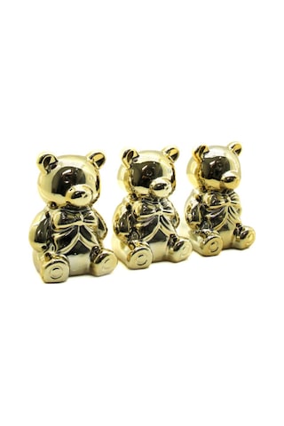 2 Adet Ayı Biblo Fiyonk Detaylı Seramik Dekoratif Obje, Oturan Figür, Parlak Gold, Büyük Boy, Decorative Figurine