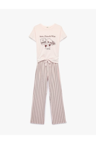 Koton Kısa Kollu Bisiklet Yaka Rahat Kalıp Baskılı Pijama Takımı Pembe 7wlk40179mk Gül