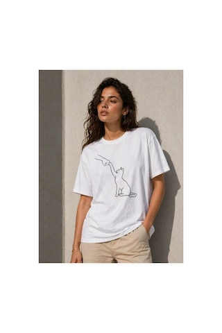 Butik İstanbul Minimal Kedi Çizim Baskılı Tişört Kısa Kol Yazlık T-shirt - Beyaz