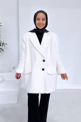 Ka Hijab Vatkalı Kürk Kaban - Beyaz Beyaz