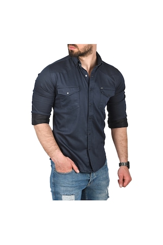 Deepsea Erkek Lacivert Slim Fit Pamuklu Cepli Kot Gömlek Çıtçıtlı Uzun Kollu Spor Gömlek 2502503 Lacivert