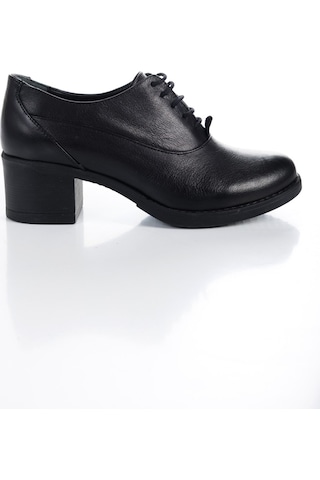 Hakiki Deri Kalın Topuklu Bağcıklı Siyah Oxford Kadın Ayakkabı Siyah