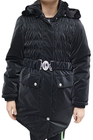 Kız Çocuk Önü Gipeli Kemerli Kapüşonlu Fermuar Çıtçıt Kapamalı Peluş Astarlı Siyah Midi Boy Mont Siyah