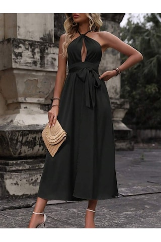 Fashion Cocktail Saten Göğüs Pencere Sırt Dekolteli Yırtmaçlı Uzun Gece Düğün Mezuniyet Elbise Siyah