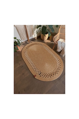 Oval Jüt Hasır Halı Görünümlü Doğal Boho Balkon Banyo Oturma Odası Kapı Önü Paspas Bej 860458852 Bej