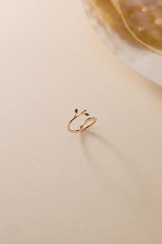 925 Ayar Gümüş Ayarlanabilir Rose Kaplama Minimal Yeşil Yapraklı Yüzük Pembe Altın