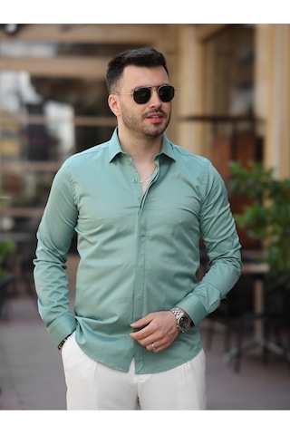 Süper Slim Fit Dar Kalıp Gizli Düğmeli Pamuk Saten Gömlek Mint