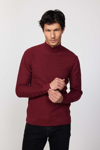 Tudors Slim Fit Dar Kesim Yarım Balıkçı Yaka Desenli Tüylenmeyen Bordo Erkek Triko Kazak-29581 Bordo