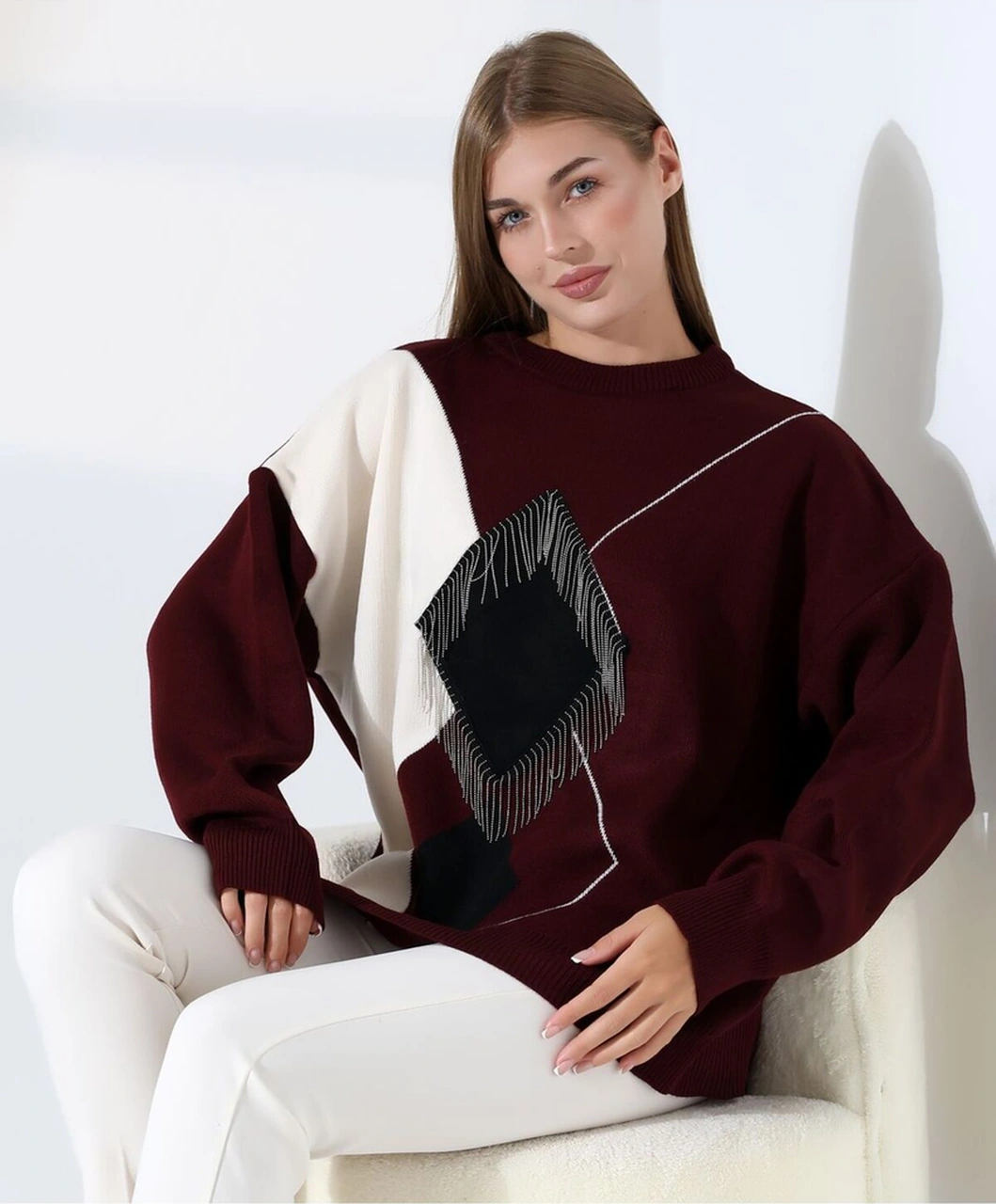 Redmina Fashion Geometrik Desenli Oversize Kadın Kazak Bordo - Siya