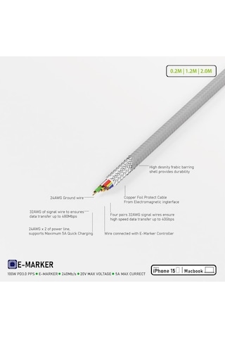 100w 5a Pd Şarj Kablosu 200 Cm Led Güç Göstergeli Hızlı Şarj Ve Data Kablosu 480mps Type-c To Type-c Pd 3.0 Pps